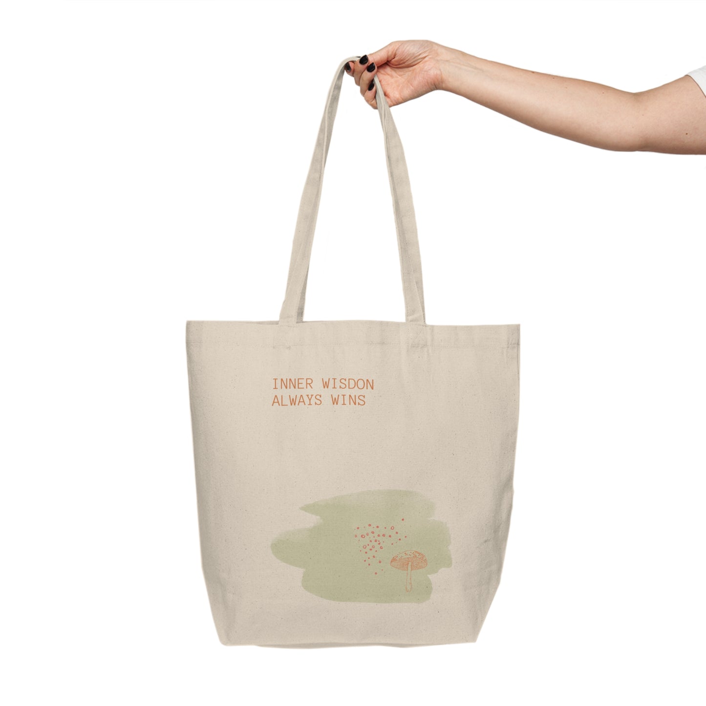 Canvas Shopping Tote Bag with Inner Wisdom Always Wins Quote with a dreaming mushroom